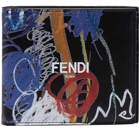 FENDI X Noel Fielding Signature Scribble Mens bi-fold Wallet Black Leather NWT - Picture 2 of 8